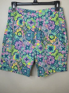 Vintage 60s Funky Psychadelic Barkcloth 5" Shorts Size M Flat Front Side Zip - Picture 1 of 4