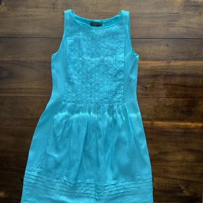 Lauren Ralph Lauren Turquoise Blue Linen Pleated Sleeveless Dress Womens Size 2 - Image 1 of 4