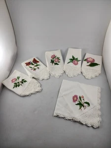 Vintage Floral Embroidered White Pink Green Dinner Tea Party Napkins Set 6 - Picture 1 of 13