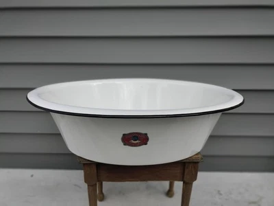 Large EnamelWare Tub Basin Oval Wash Bowl 21”Baby Bath Farmhouse White /Blk Trim - Image 1 of 4