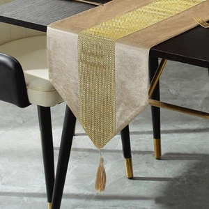 Shiny Bling Gold Champagne Thick Velvet Tassels Wedding Bed Table Runner Cloth - Picture 1 of 3