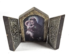 Kleines Triptychon Heiligtum aus Holz HL. ANTHONY VON PADUA mit JESUS Drehtüren - Bild 1 von 5