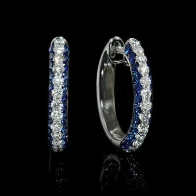 2Ct Round Lab Created Sapphire & Diamond Huggie Hoop Earring 14K White Gold Over - Image 1 of 4