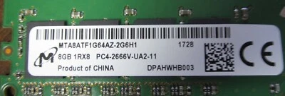 Genuine HP Micron 8GB DDR4 1RX8 PC4 PC4-2666V desktop Memory P/N: 933276-001 - Image 1 of 3