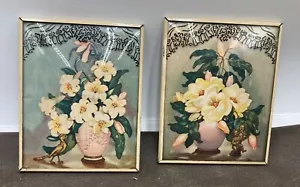 Zwei kleine passende Vintage Blumendrucke konvex schabloniertes Glas Blechrahmen 1930er - Bild 1 von 6