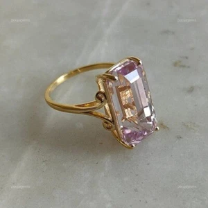 Natural Kunzite Gemstone Jewelry 18k Yellow Gold Cocktail Ring Size 7 For Girls - Picture 1 of 12