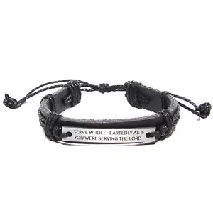 Black Surfer Leather Bracelet w/ passage "SERVE WHOLEHEARTEDLY.." 8" Adjustable - Picture 1 of 1