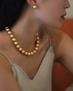 ROUND AAAAA 20"11-12MM NATURAL real south sea golden pearl necklace 14K gold - Picture 1 of 7