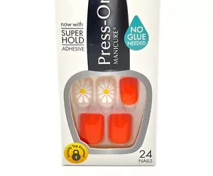 KISS Press-On Manicure Short Length, Orange/White Daisy, 24 Nails - Picture 1 of 6