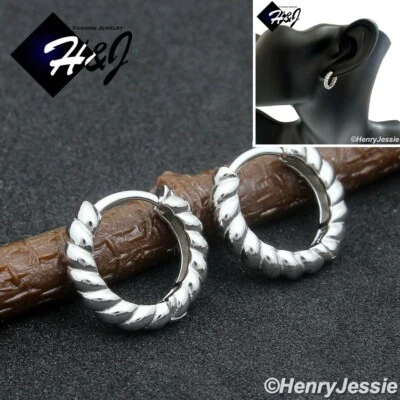 MEN WOMEN SOLID 925 STERLING SILVER 14MM TWISTED ROPE CABLE HOOP EARRING*E251 - Image 1 of 4