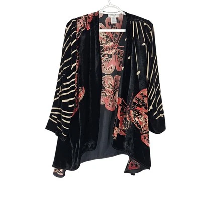 Anes A Cardigan Black Red Burnout Velvet Butterfly Art to wear Lagenlook Size S - Image 1 of 4
