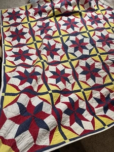 Vintage 8 Point Star Quilt Red Blue Yellow 90in X 93in HUGE Quilt - Picture 1 of 7