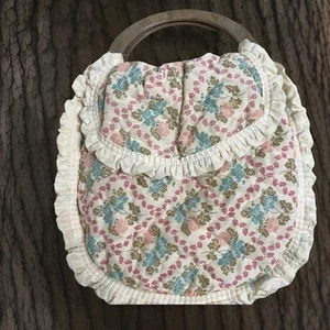 Hand Made Quilted Floral Purse/Sewing Bag Wood Wooden Handles Ruffle Edge Unique - Picture 1 of 11