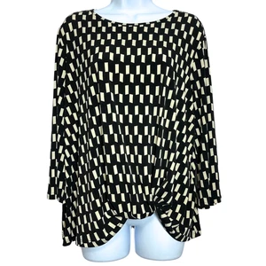 Clara Sunwoo Check Print Top Size L Black Cream Front Knot Stretch Knit Blouse - Picture 1 of 11