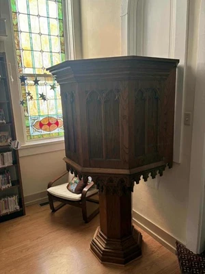 Antiguo púlpito hexagonal de roble gótico renacimiento iglesia vintage podio atril Foto 1 de 4