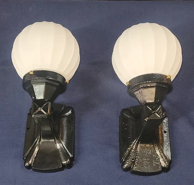 Pair of Restored Art Deco Cast Iron Sconces w/ 6" Ribbed White Globes GS00500 - Image 1 of 4
