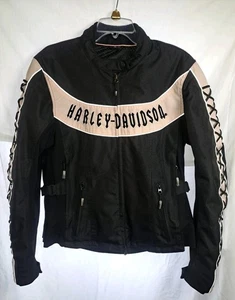 Women's Vintage Harley Davidson  Lace Up Pink Black Motorcycle Jacket / Size XL - Picture 1 of 13