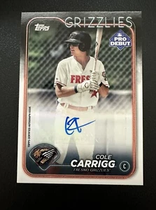 2024 Topps Pro Debut #PD-9 Cole Carrigg Auto Frank Grizzlies Colorado Rockies Rc - Imagen 1 de 7