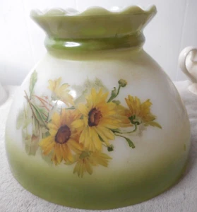 Milchglas Windlicht Lampenschirm #14 grün lackiert gelb Gänseblümchen Floral 5 5/8" T - Bild 1 von 11