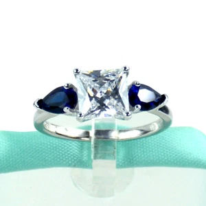 3 Three Stone 2Carat CZ Pear Blue Sapphire 925 Sterling Silver Engagement Ring - Picture 1 of 6