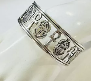 800 Egyptian Silver Hallmarked Cuff Bracelet VINTAGE Scarab Ankh Egypt - Picture 1 of 4
