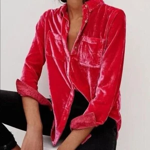 Pilcro x Anthropologie hellrosa Samt Button-Down Hemd  - Bild 1 von 7