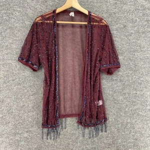 Vanity Top Women M Medium Red Open Front Sheer Rhinestone Fringe Short Sleeve - Picture 1 of 7