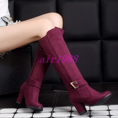 Mujeres Invierno Imitación Gamuza Hebilla Tacón Bloque Cremallera Caballero Bota Hasta la Rodilla Zapatos Informales Foto 1 de 4