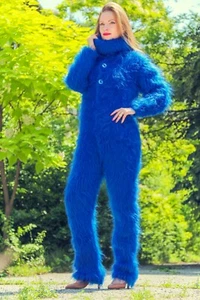 Blue mohair catsuit sweater fuzzy thick bodysuit turtleneck zentai overall - Picture 1 of 8