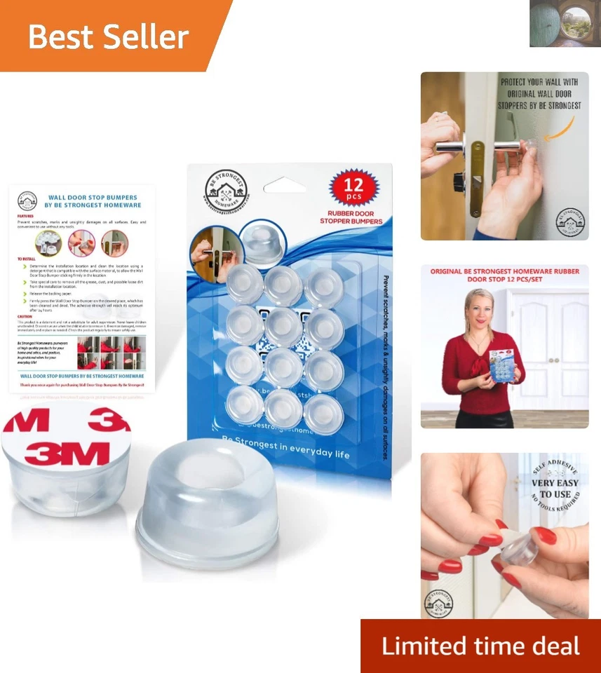 Wall Door Stop Bumpers by Be Strongest - Clear Transparent Rubber Pads 12 Pack