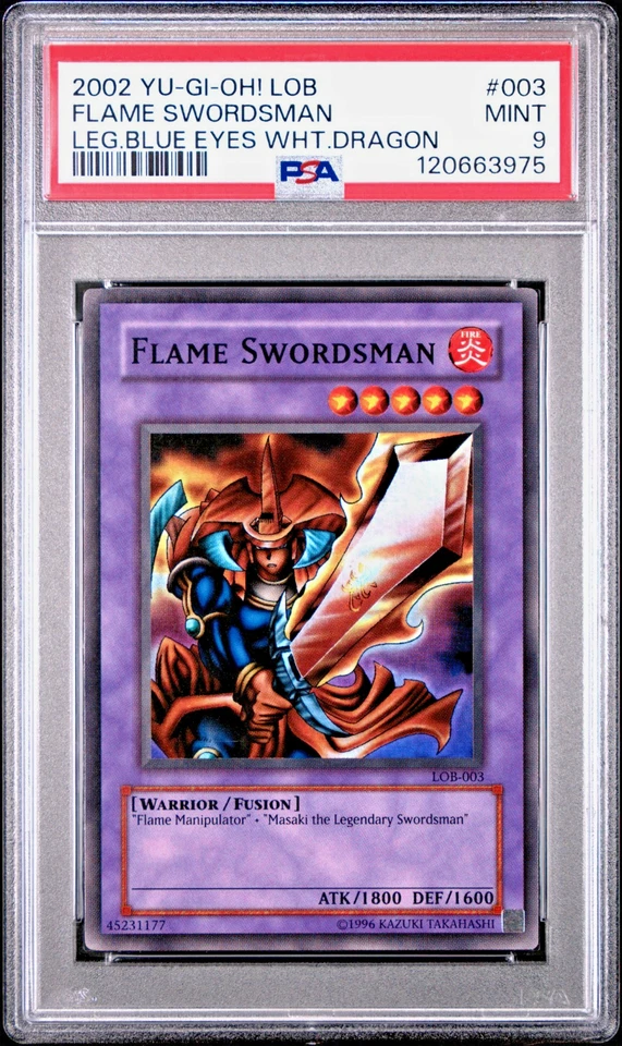 2002 YUGIOH FLAME SWORDSMAN #LOB-003 LEG. BLUE EYES WHT. DRAGON SUPER - PSA 9 💎 - Image 1 of 2