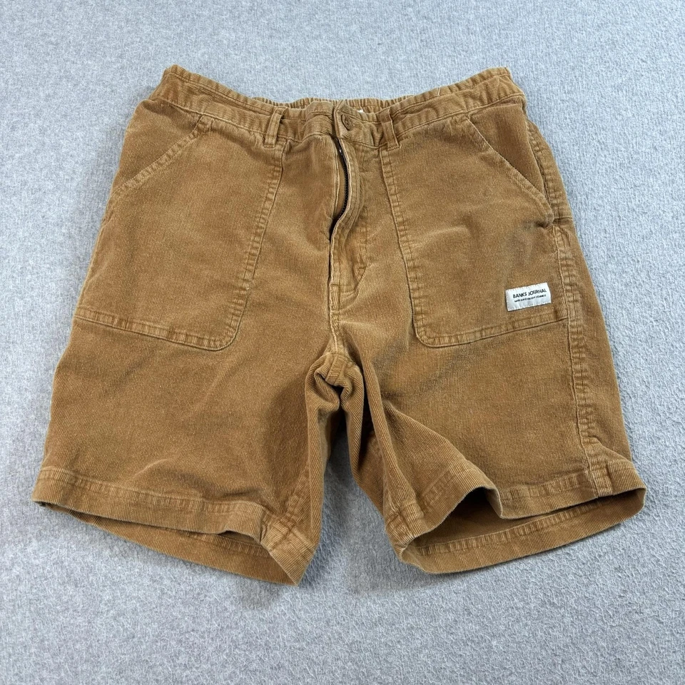 Pantalones Cortos Banks Journal Para Hombres 32 Marrón Pana Utilidad Bolsillo Cremallera Mosca Cintura Elástica Foto 1 de 4