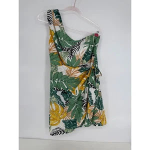 One Shoulder Tropical Leaf Green White Print Wrap Mini Dress - Picture 1 of 8