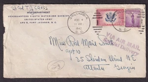 WWII air mail special delivery cover Lt Col T J Cross War Dept Fort Jackson SC - Imagen 1 de 2