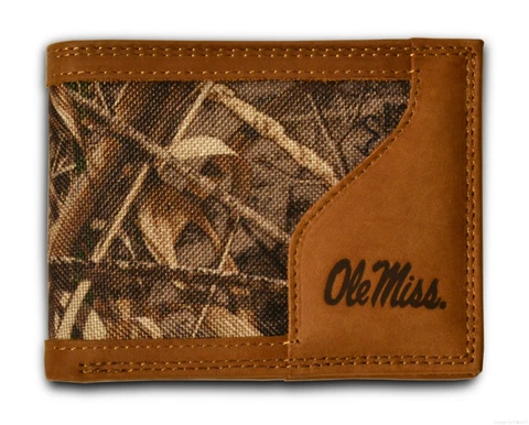 Ole Miss Rebels Bi-fold Realtree Max-5 Camo & Leather Wallet Zep-Pro Mississippi Cover