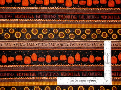 Pumpkin Stripe Fabric Rustic Fall Sunflower Espresso Cotton Benartex By The Yard - Image 1 of 2