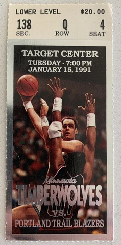 Vintage Jan 15th 1991 Minnesota Timberwolves Vs Blazers Ticket Stub, Nice!(B149) Cover