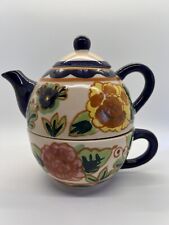 Bella Casa Ganz Tea For One Stacked Lid Teapot Cup Set Flowers Leaves 3 Pieces