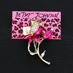 BETSEY JOHNSON'S CERISE ROSE PIN BROACH WITH WHITE CRYSTAL SAPPHIRES