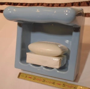 Vintage & Rare *Blue-Gray* Ceramic Recessed Tall Soap Dish with Grab Bar  "NOS" - Picture 1 of 12