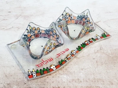 Candelabros de Shabat pintados a mano marrón amarillo Jerusalén, regalo personalizado Foto 1 de 4