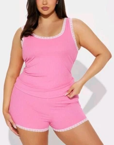 NEW Women's Pink Lace Trim Nap Time Ribbed Pajama Tank Top & Short Set XL - Picture 1 of 4