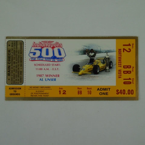 1988 Indianapolis 500 72nd Race Ticket Stub Northwest Vista Sec. 12 Row BB S. 10 Cover