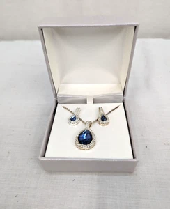 Blue Stone Pendant Necklace with Rhinestones and Matching Earrings Set New - Picture 1 of 6