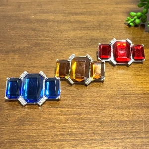 Set of 3 Brooches Pins Ruby Red Golden Amber Blue Sapphire Faux Diamonds 2" - Picture 1 of 9