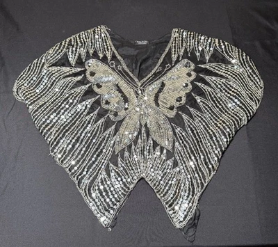 Vintage Butterfly Silver Sequins Top Made In India Party Cruise Shirt Disco Silk - Image 1 of 4