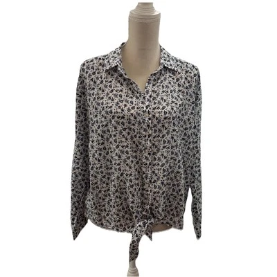 J. Jill Silk Cotton Blend Floral Button Up Blouse Front Tie Size L Lightweight - Image 1 of 4