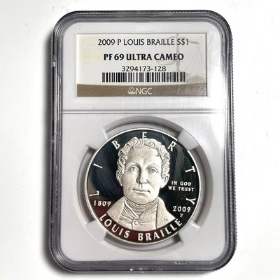 2009-P Louis Braille Silver Commemorative $1 NGC PF69 Ultra Cameo Coin .900 - Image 1 of 4