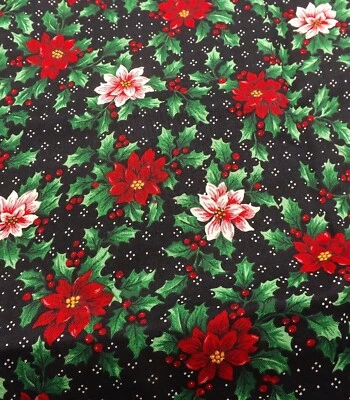 Cranston Print Works Christmas Poinsettia Flowers Holly Berries Fabric 1 yd - Image 1 of 4