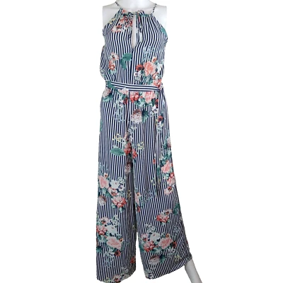 Mono de mujer My Michelle de una pieza talla pequeña azul marino blanco a rayas cinturón floral Foto 1 de 4